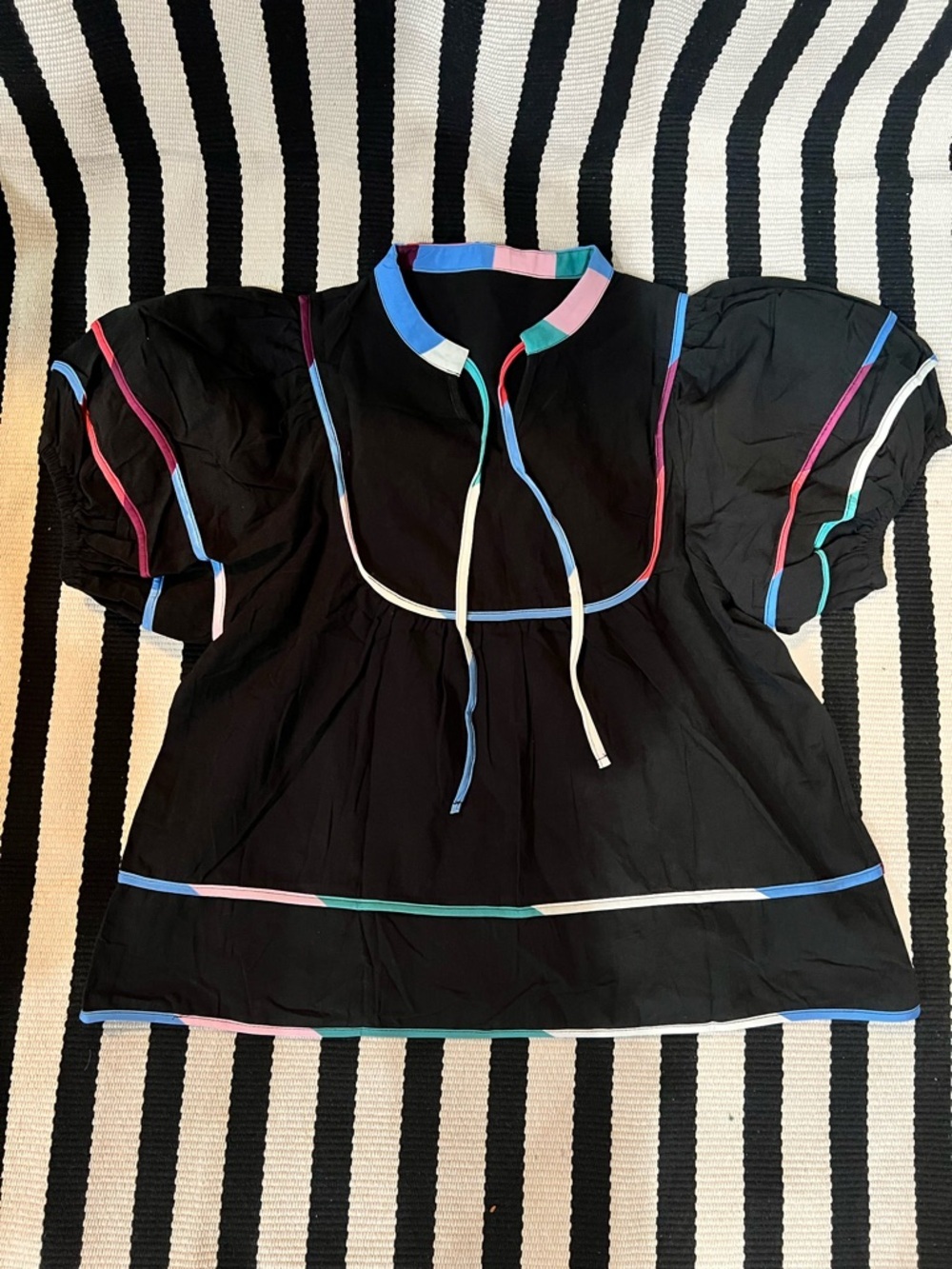 Black Short Sleeve Blouse with Multicolor Trim